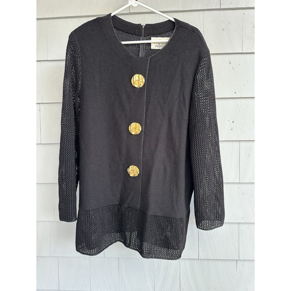 Vtg Steve Fabrikant Black Wool Blend‎ Sweater Size 1 (M/L) Gold Buttons
